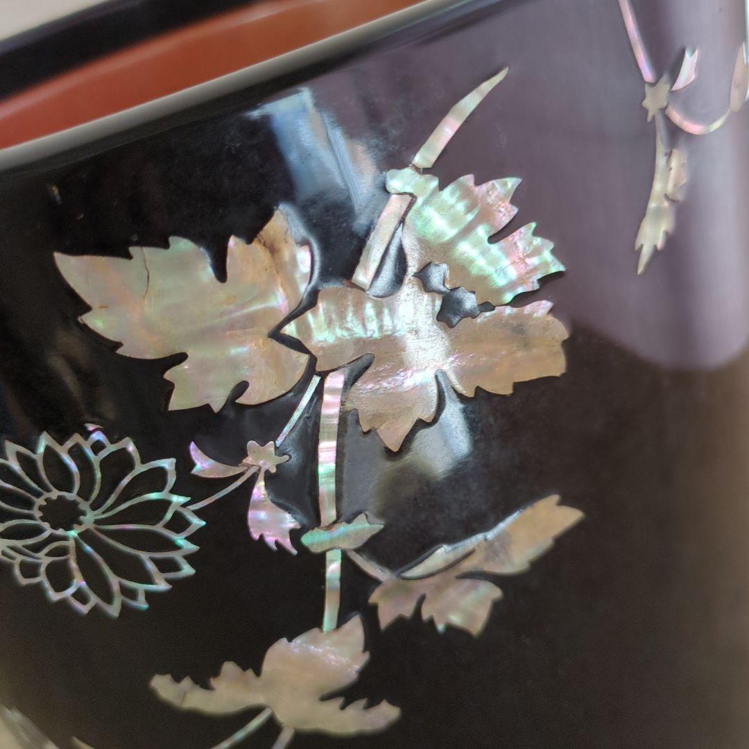 骨董 火鉢 螺鈿 花模様 木製 漆器 内側銅器 花入 鉢カバー 貝細工