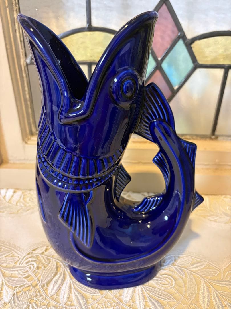 英国 ガーグリングフィッシュ ピッチャー コバルトブルー 26cm 魚型 水差