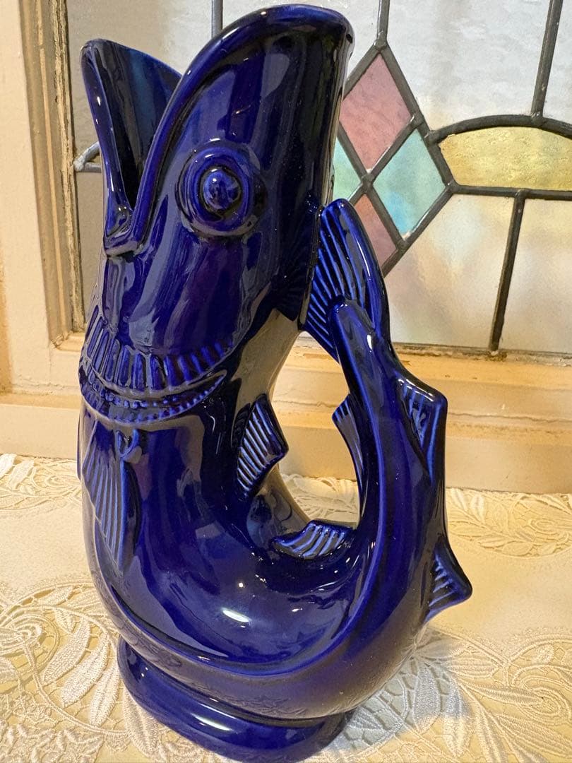 英国 ガーグリングフィッシュ ピッチャー コバルトブルー 26cm 魚型 水差