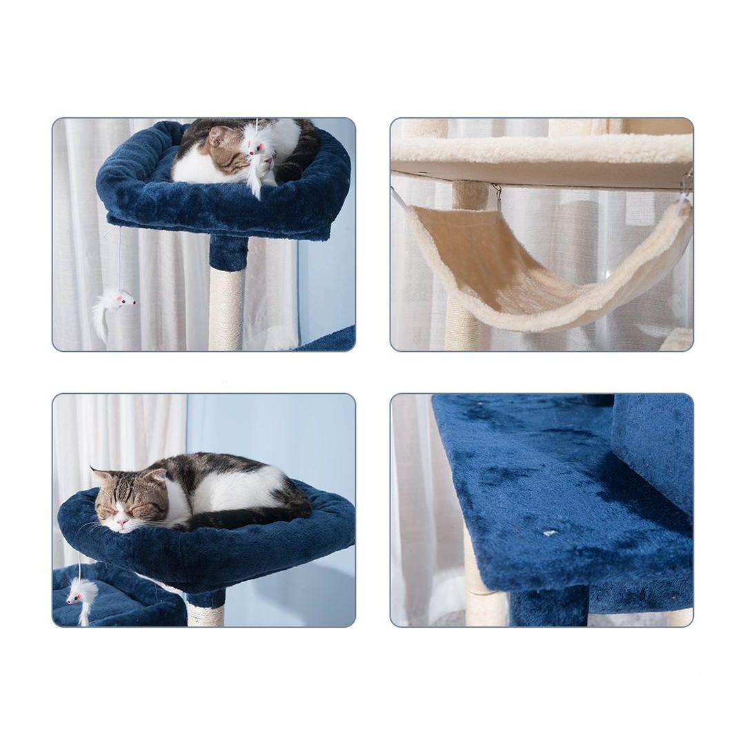猫 キャットタワー 据え置き ハンモック 麻紐 ネイビーブルー