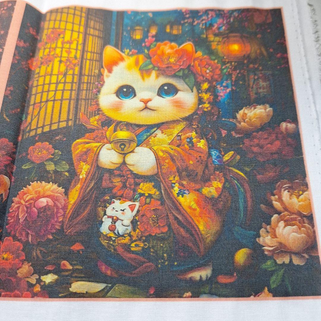 着物を着たねこパネル生地　ハンドメイド　レアパネル生地