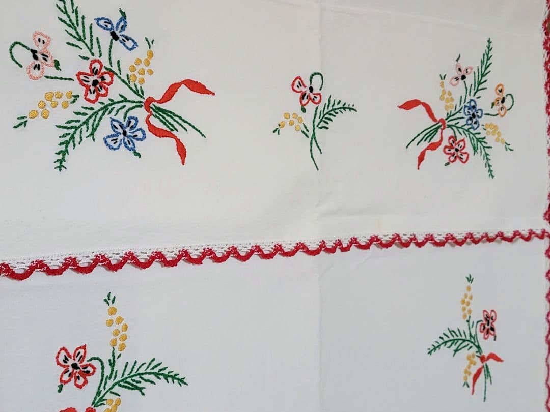 フランスヴィンテージ手刺繍　花籠パニエ　ミモザ　スミレ　リネンファブリッククロス