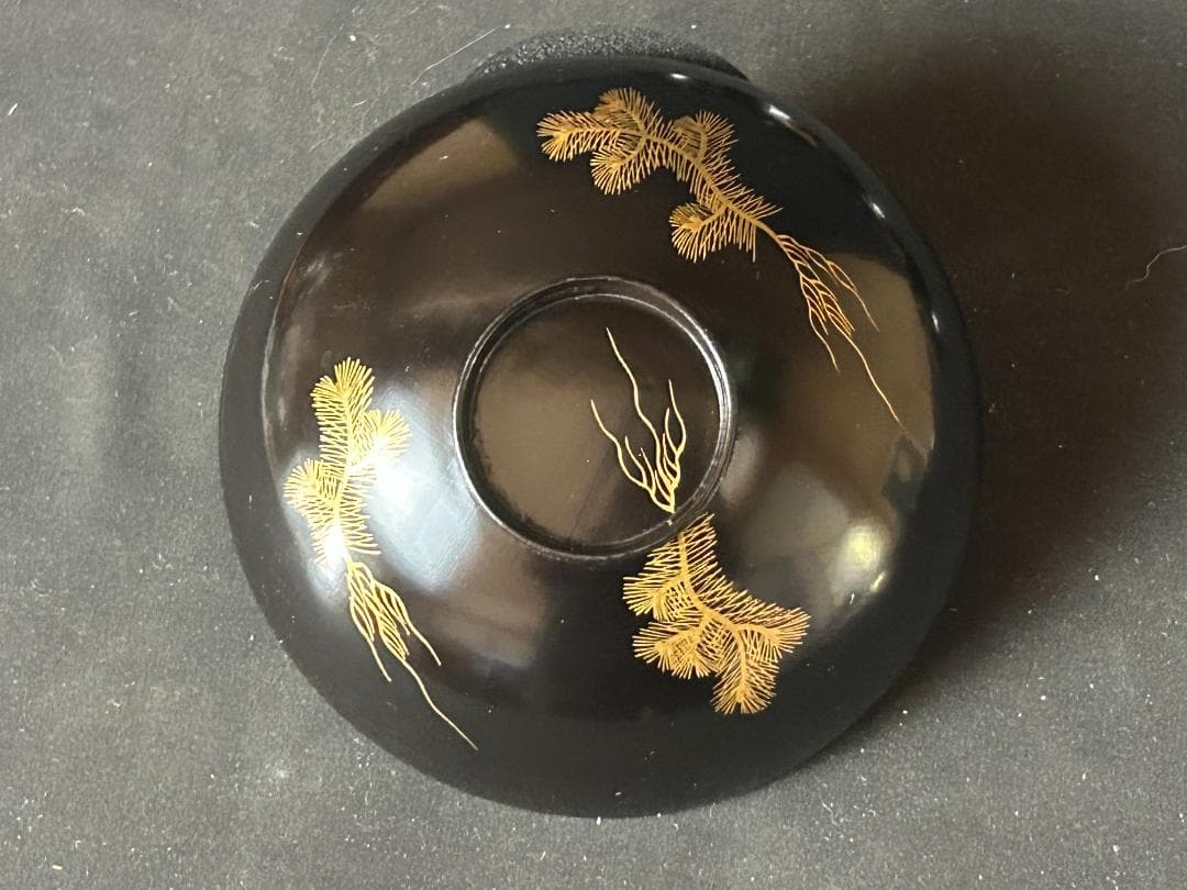 時代 輪島塗 沈金蒔絵 松文 黒塗 吸物椀 5客 茶懐石道具 s26