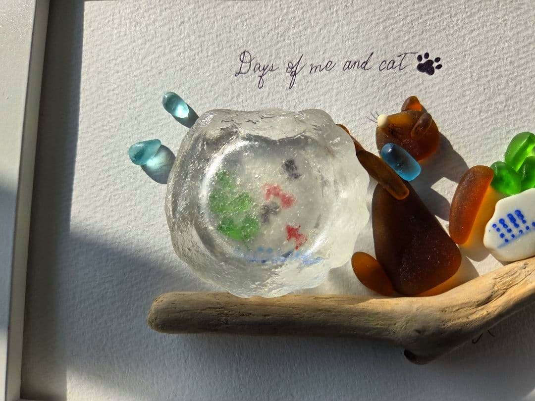 金魚鉢と猫♡シーグラスアート♡ヒーリングアート♡レアシーグラス