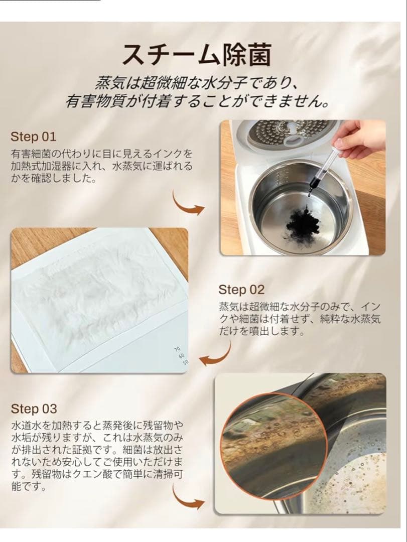 スチーム式加湿器 3.3L大容量 100℃除菌 恒湿22畳 静音