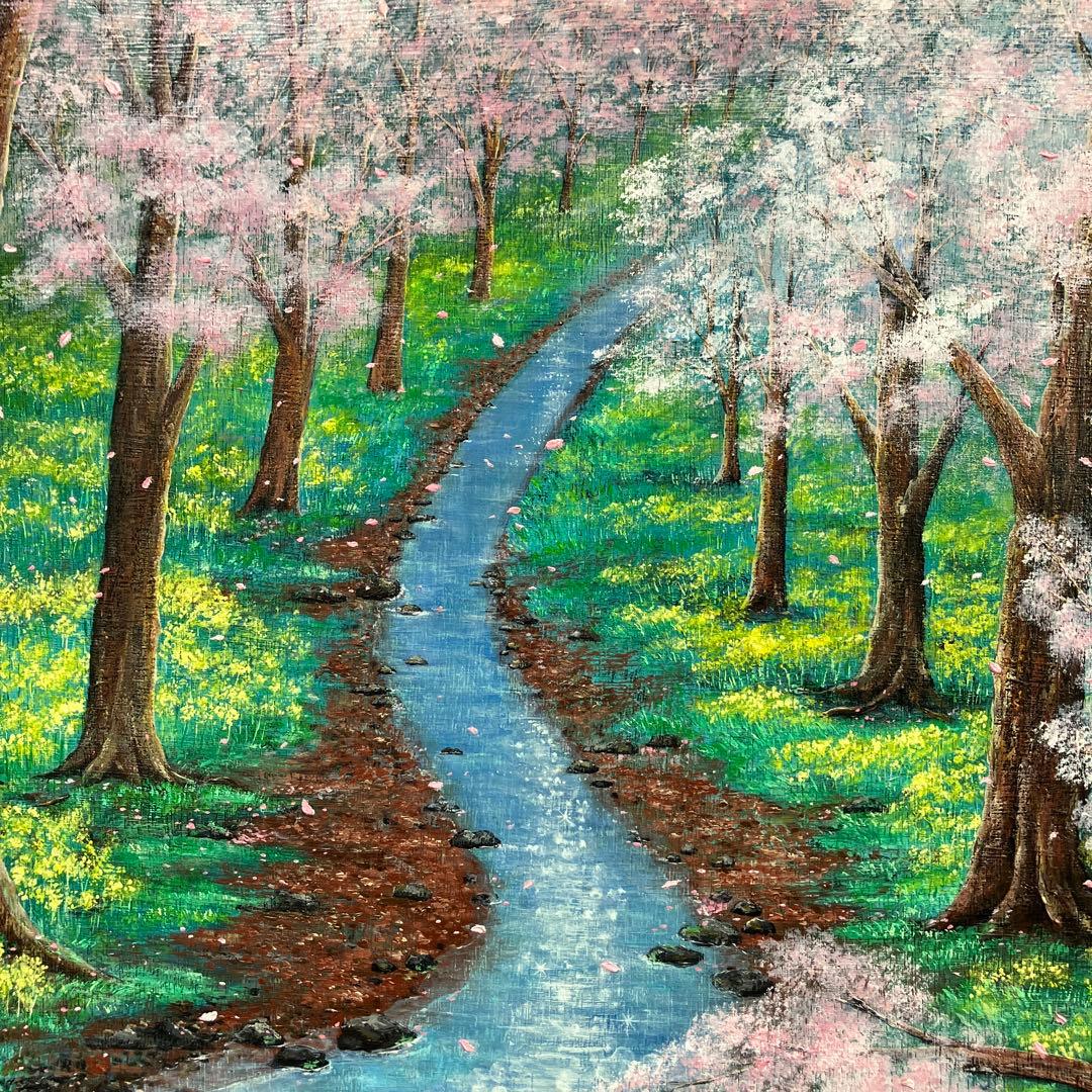 絵画　アクリル画　原画　桜並木　桜　富士山　インテリア　額付き 風景画　S.I
