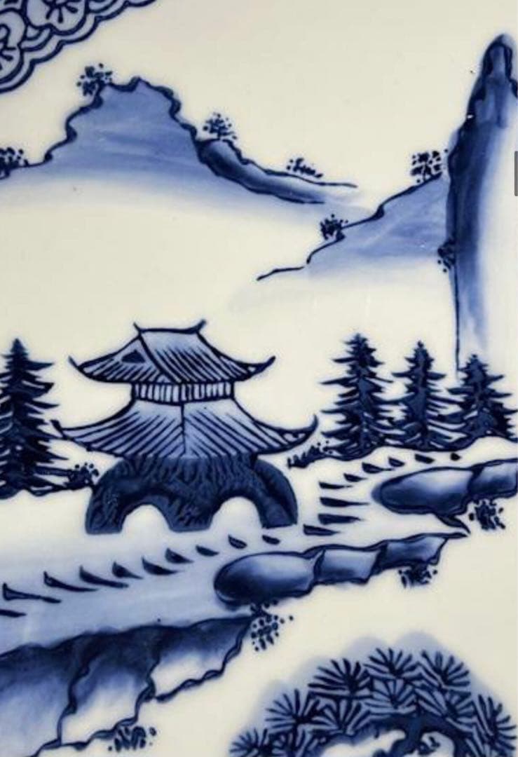 陶器 印判 山水花柄 大皿 飾皿 直径39.2cm