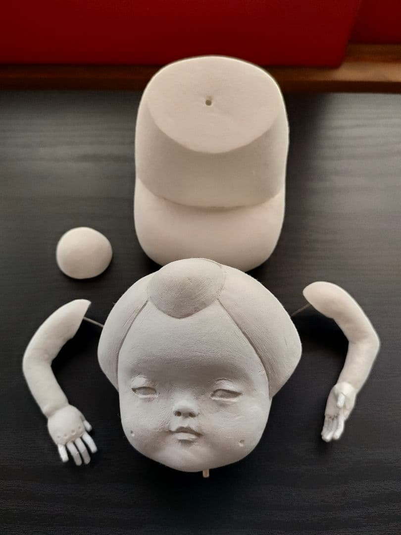 アンティーク　創作人形　お福さん　お多福　招福　縁起物　びら簪　珊瑚　未完成品