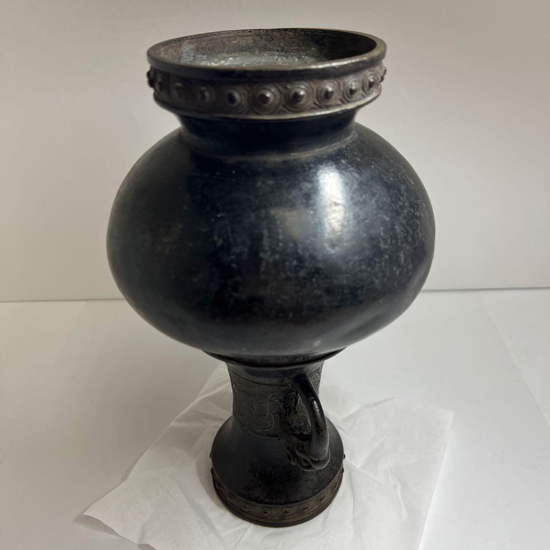 中国古玩　古銅獅子耳花入木箱付　高27.5㎝/1590g 東Y8-0313☆2F
