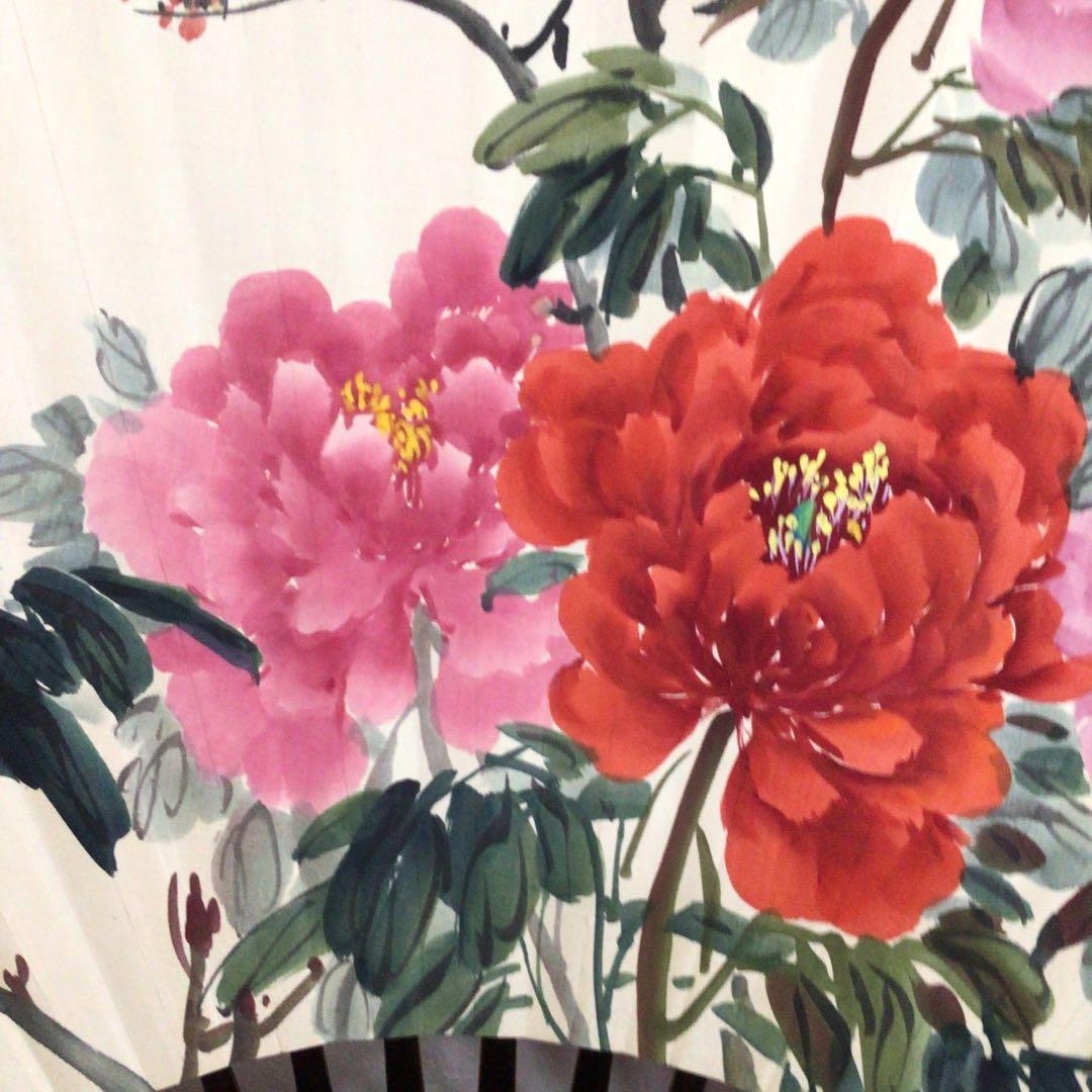 No5725 時代　銘有　特大扇子　牡丹絵図　紙箱入　花鳥　縁起物　送料無料