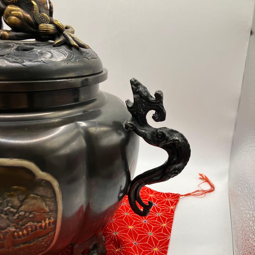 能作吉秀　吉秀作　香炉　共箱　獅子　狛犬　高岡銅器　香道具　山水