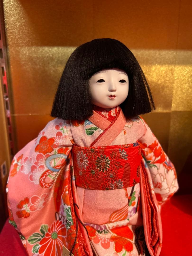 市松人形 久楽朋　サイズ17　縮緬　ピンク　扇と鼓に花柄　s-687