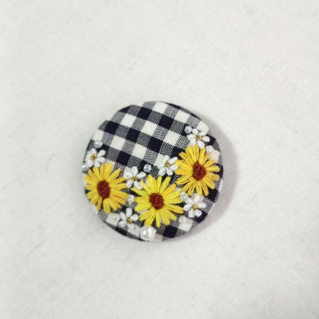 ひまわり刺繍チェック柄3.7センチヘアゴム