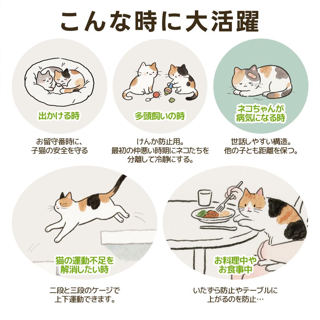 【新品】幅広設計3段キャットケージ 両開きドア&猫ドア付き 大型 グレー