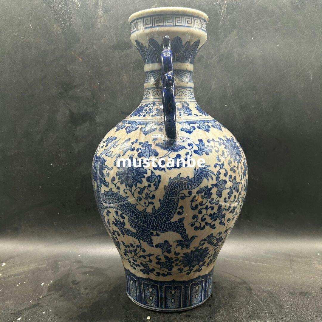青花双耳海水纏枝蓮双龍紋瓶 景徳鎮 陶磁器 装飾品 現代工芸品 美術品 置物