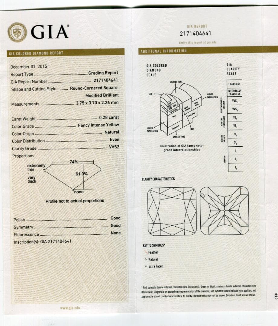 インテンスイエローダイヤ　0.28ct　VVS2　GIA鑑定