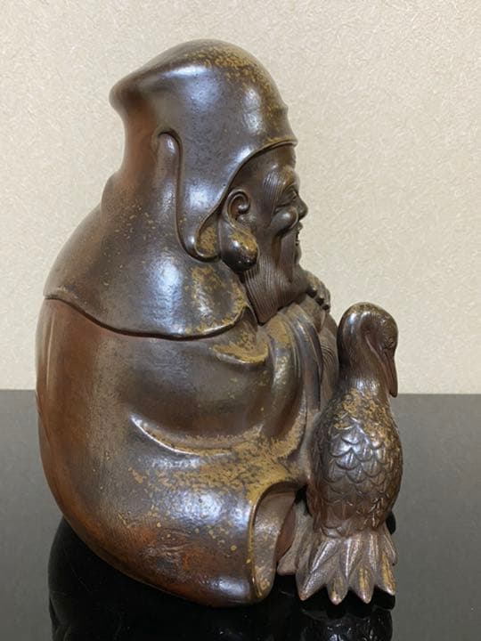 極上本歌 江戸期 古備前焼 寿老人鶴坐像 置物 胡麻肌 自然釉 床飾