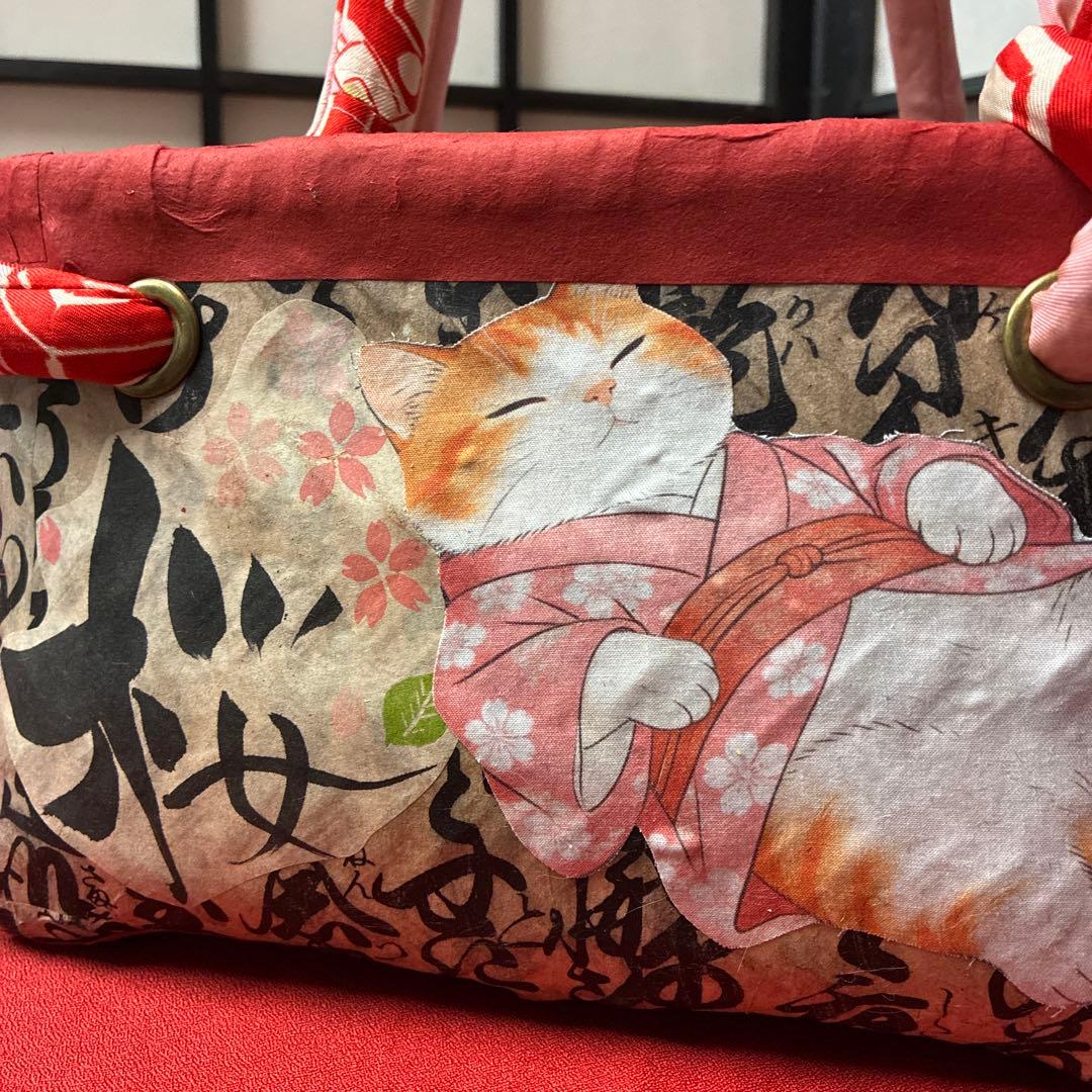 桜咲く居眠り猫 一閑張り バッグ かごバッグ ハンドバッグ 古文書 茶トラ