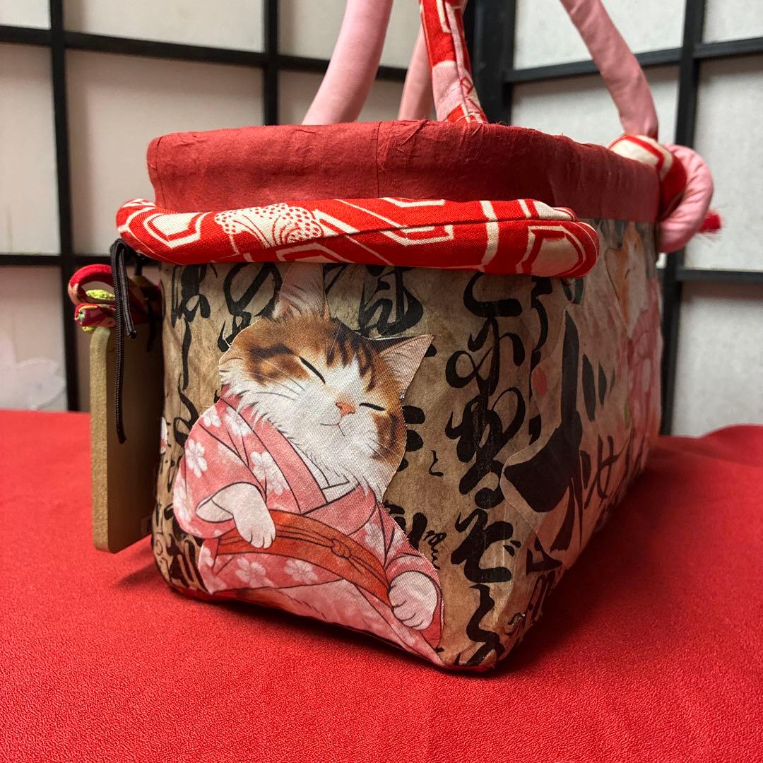 桜咲く居眠り猫 一閑張り バッグ かごバッグ ハンドバッグ 古文書 茶トラ