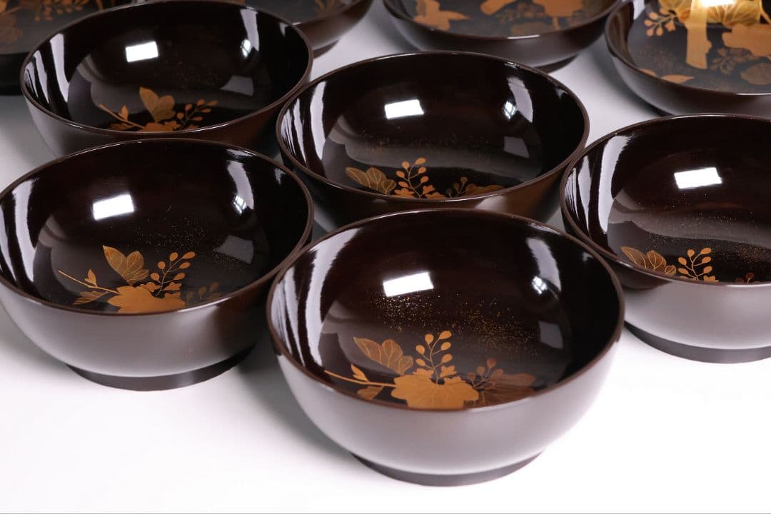 【CM452】輪島塗 天然木漆塗 桐鳳凰金蒔絵 黒塗椀 五客 昭和 漆芸 漆器