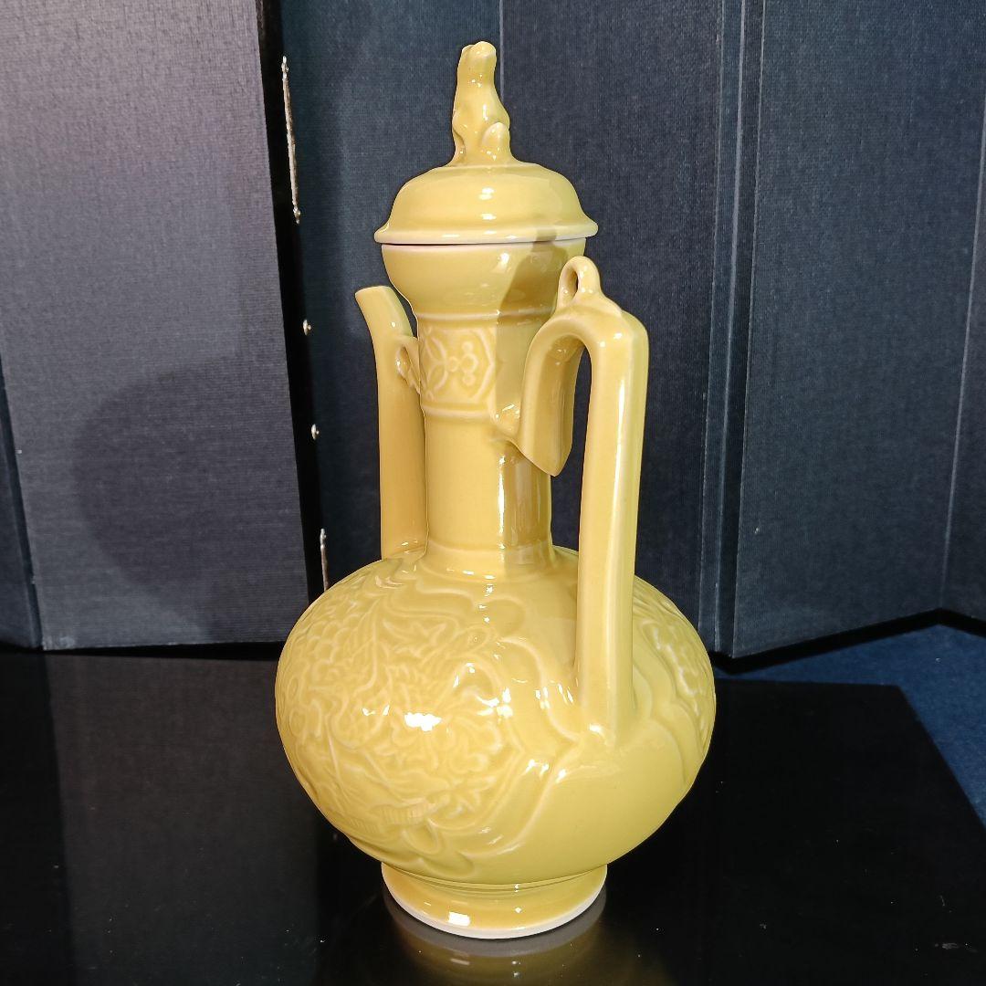 AP36 松本石亭 水注 黄器彫仙盞瓶 共布 共箱 未使用 平安 煎茶 茶道具