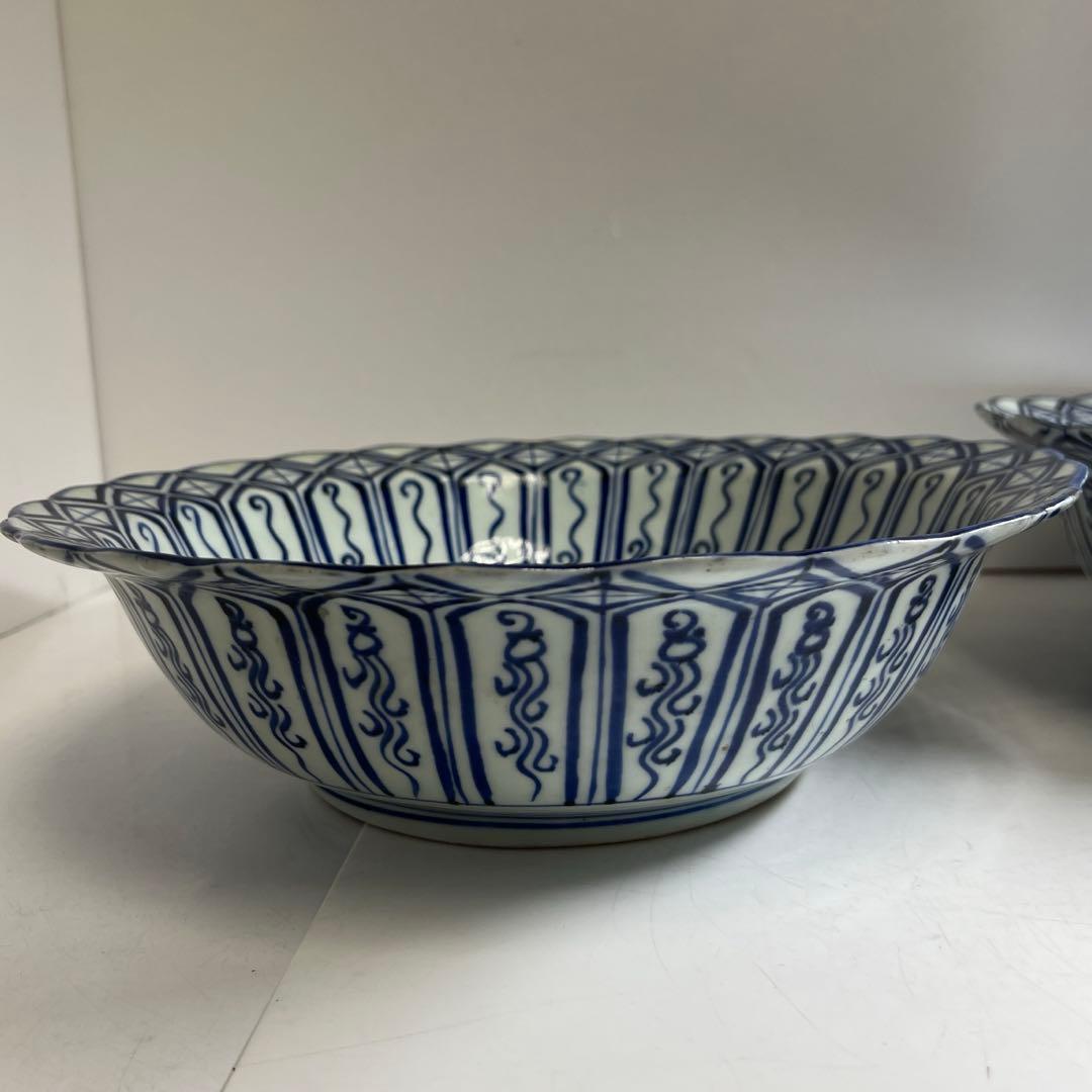 古伊万里　嘉永染付大鉢2枚　木箱付　幅約32/33㎝　東Y8-0408②タトオ