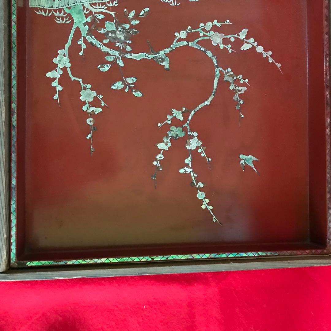 朱青貝梅に鶯蒔絵盆