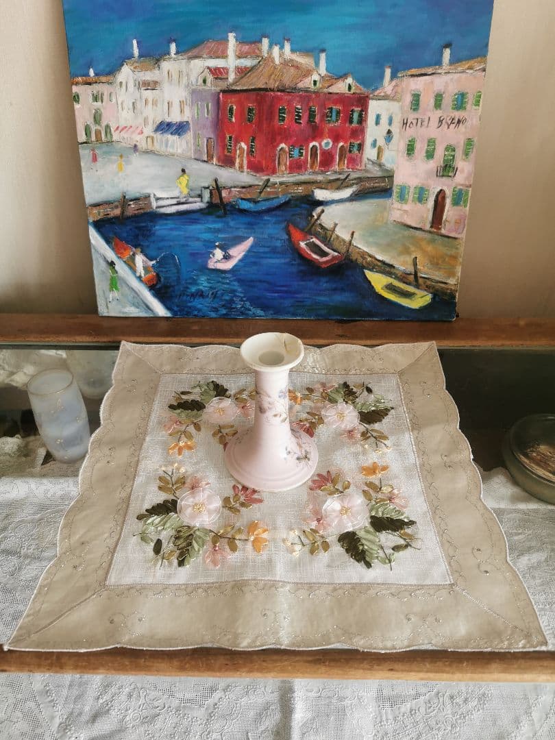 ヴィンテージドイツ リボンフラワーワーク 銀糸刺繍 スカラップオーガンジークロス