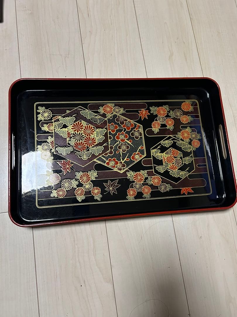 お盆　長手盆　角盆　昭和レトロ　花柄　レザー　トレー　葡萄　漆