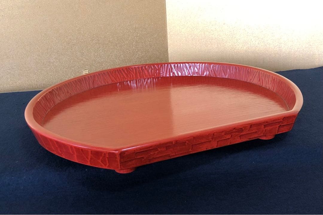 《R》刳抜 脚付半月膳5客 方斎 後藤塗 讃岐彫 共箱　260310こ5
