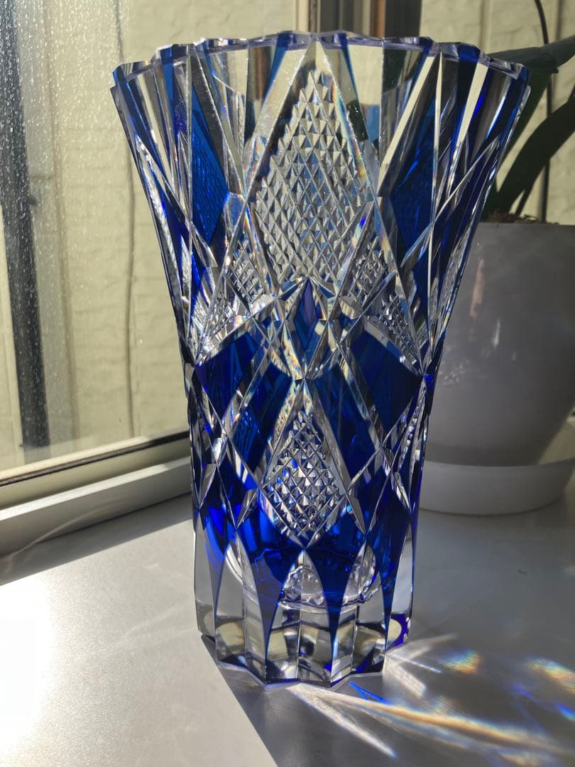 昭和レトロ◆江戸切子◆花器 花瓶◆昭和後期◆青被せ カットガラス◆ヴィンテージ
