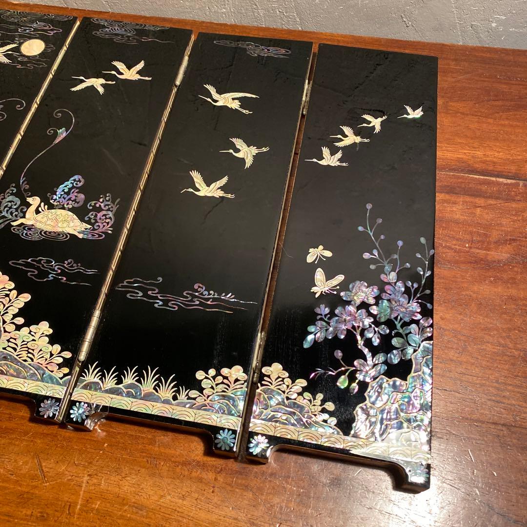 螺鈿細工 六曲小型屏風 衝立 オブジェ 中国美術 鶴亀 アート コレクション