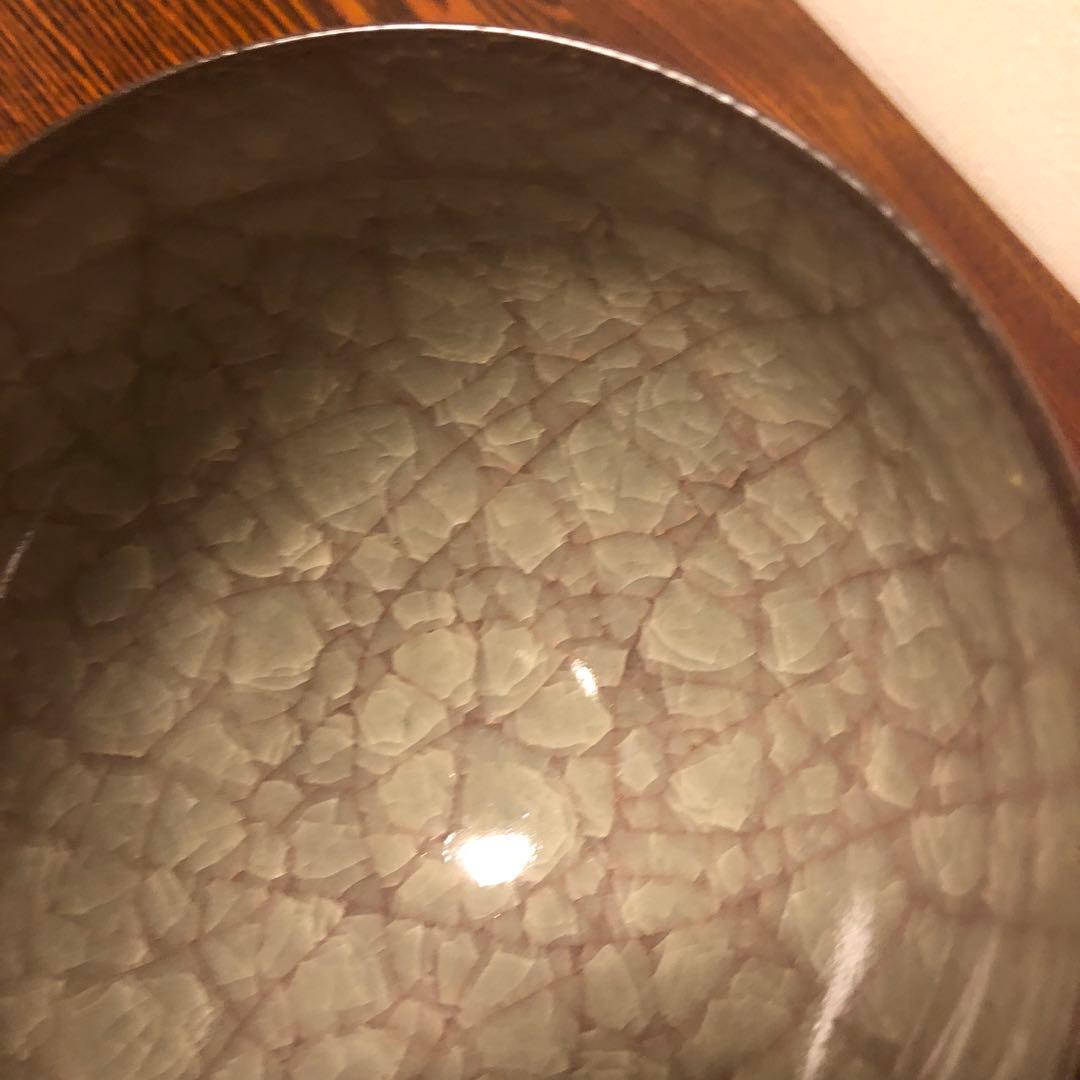 鈴木三成 作 青瓷（青磁）抹茶碗 氷裂 陶印あり 径12.7cm 稀少な未使用品