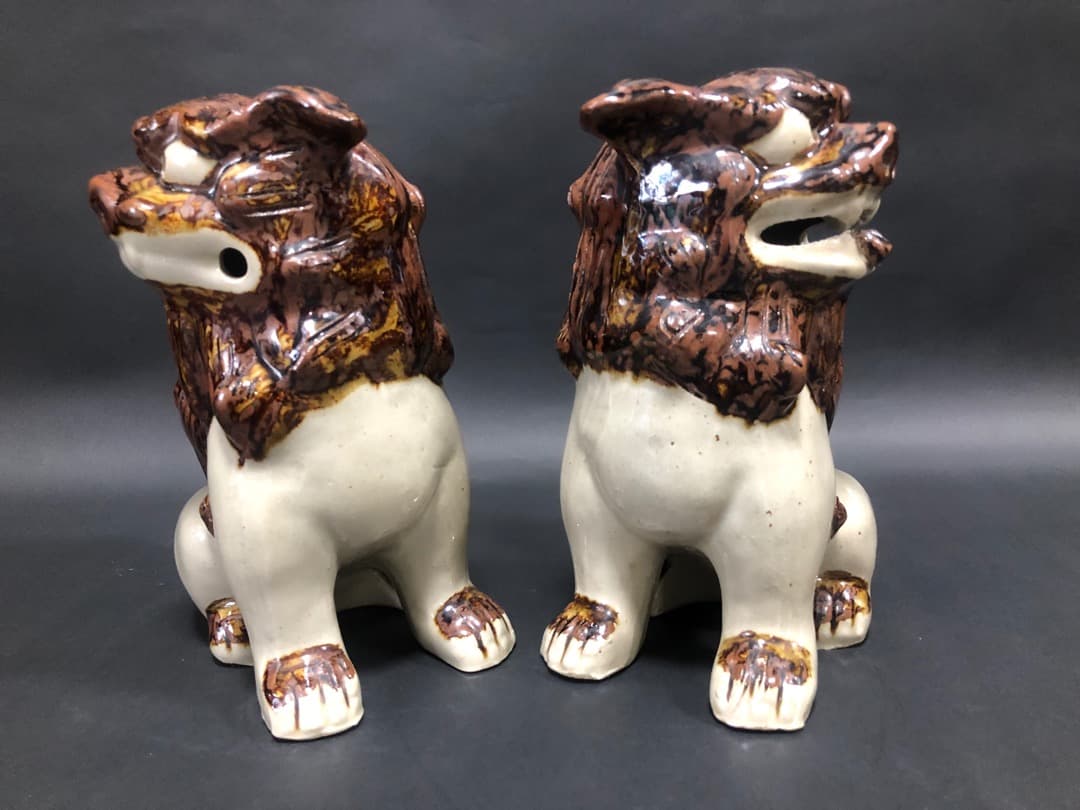 獅子　シーサー　胡差焼　魔除　飾り　置物　大小2対セット