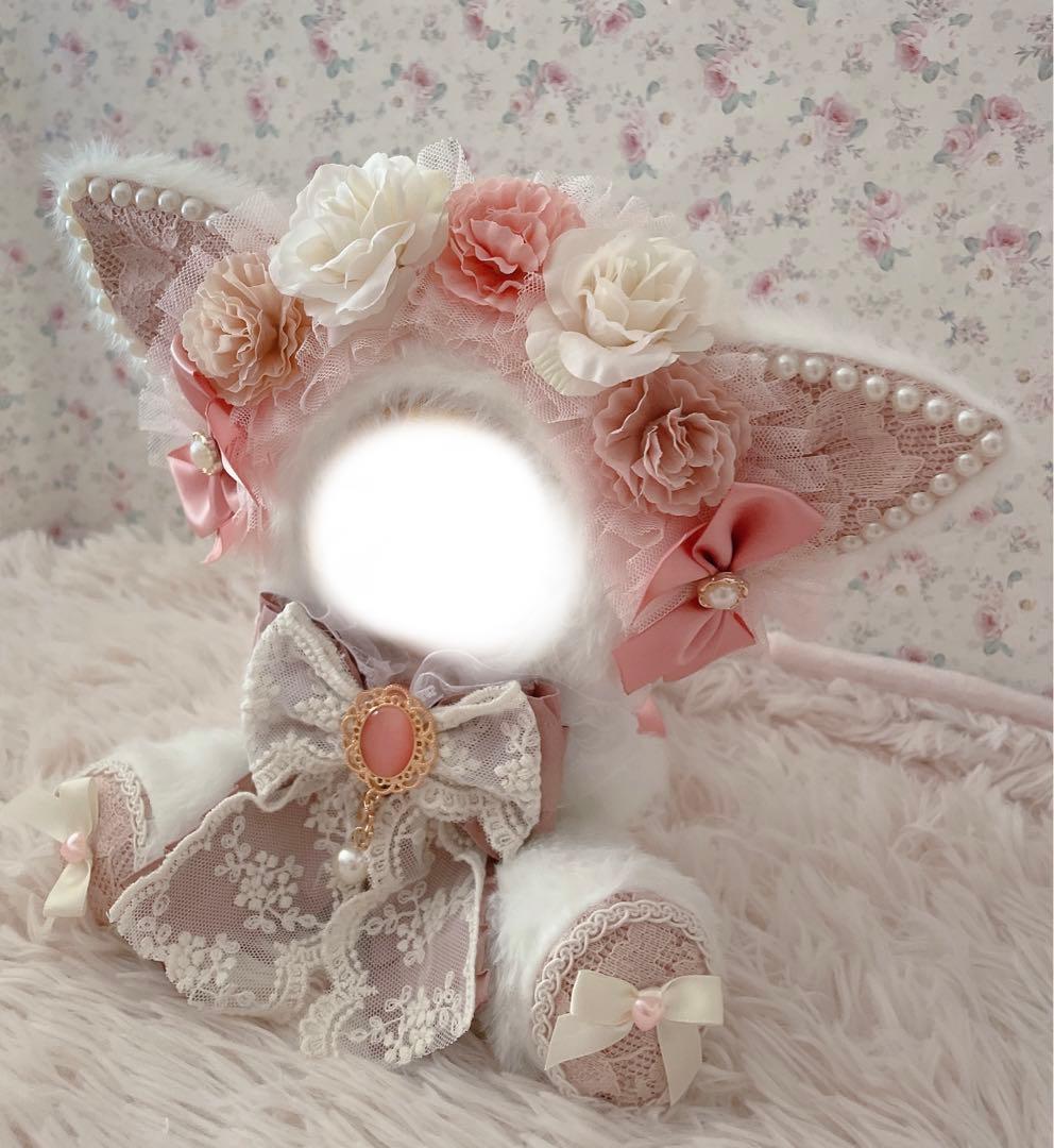 アンティーク姫系♡お座り１６ｃｍぬい服♡猫の着ぐるみ♡薔薇レース柄