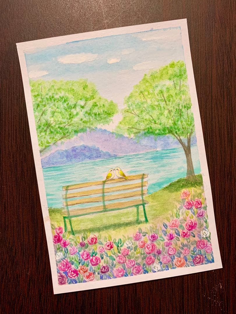 水彩画　薔薇の咲くベンチで一休み　値段は※900円です