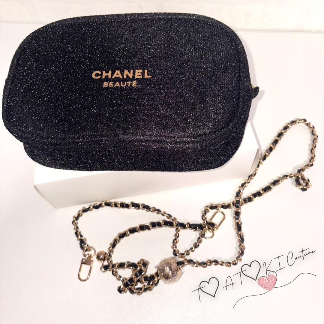 数量限定❤CHANEL❤VIP限定 コスメポーチ チェーン付 ラメ入り ブラック