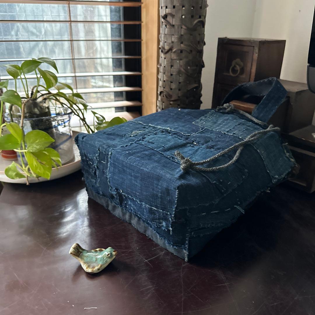 目隠し巾着カバー付き襤褸トート/藍染／襤褸