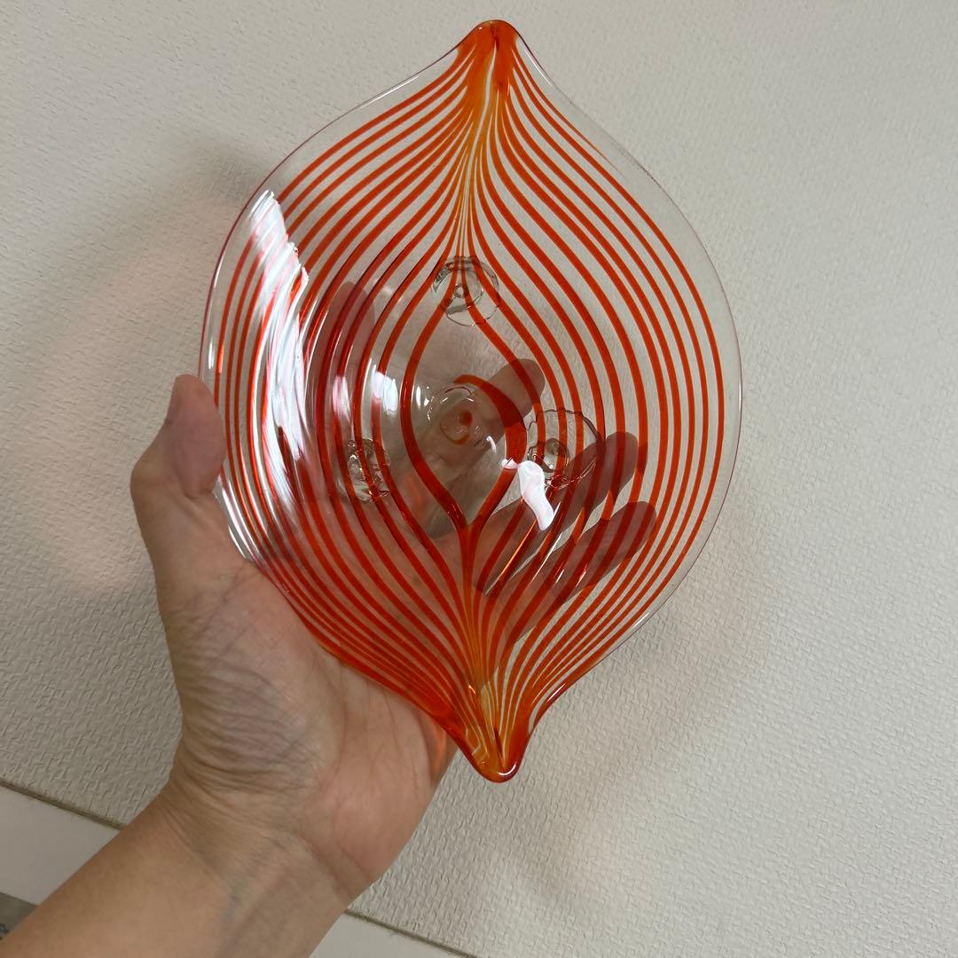 作家　ガラス作家　脚付盛皿　小鉢　トレイ　赤　シマシマ