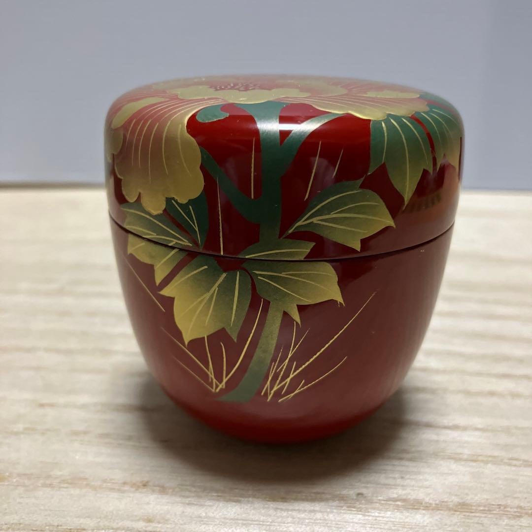 E-壁 高級漆器 棗 茶道具 牡丹 蒔絵 朱塗 箱付き 茶器 茶道具 和食器