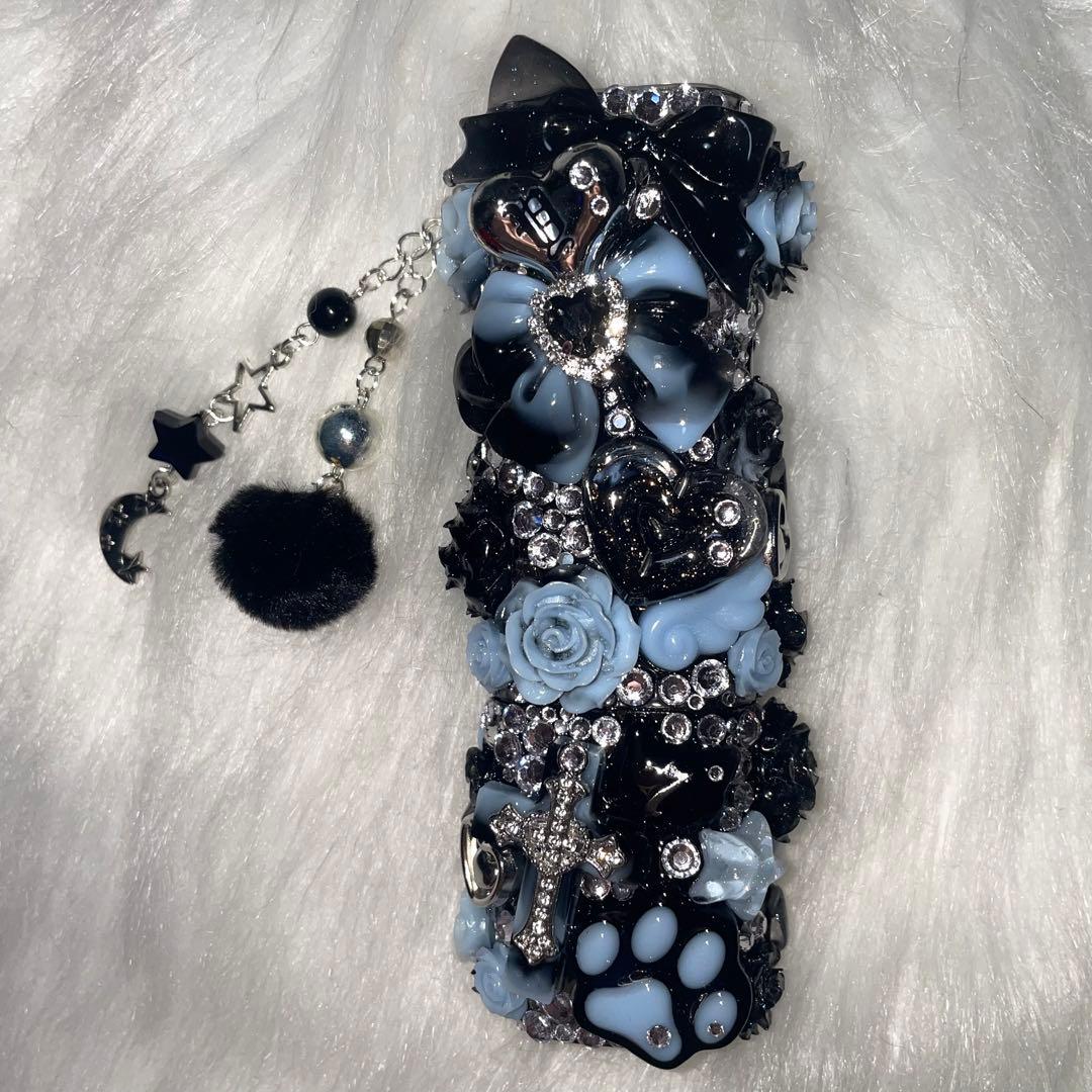 ★ iQOSケース デコ black×blue チャーム付き (115)