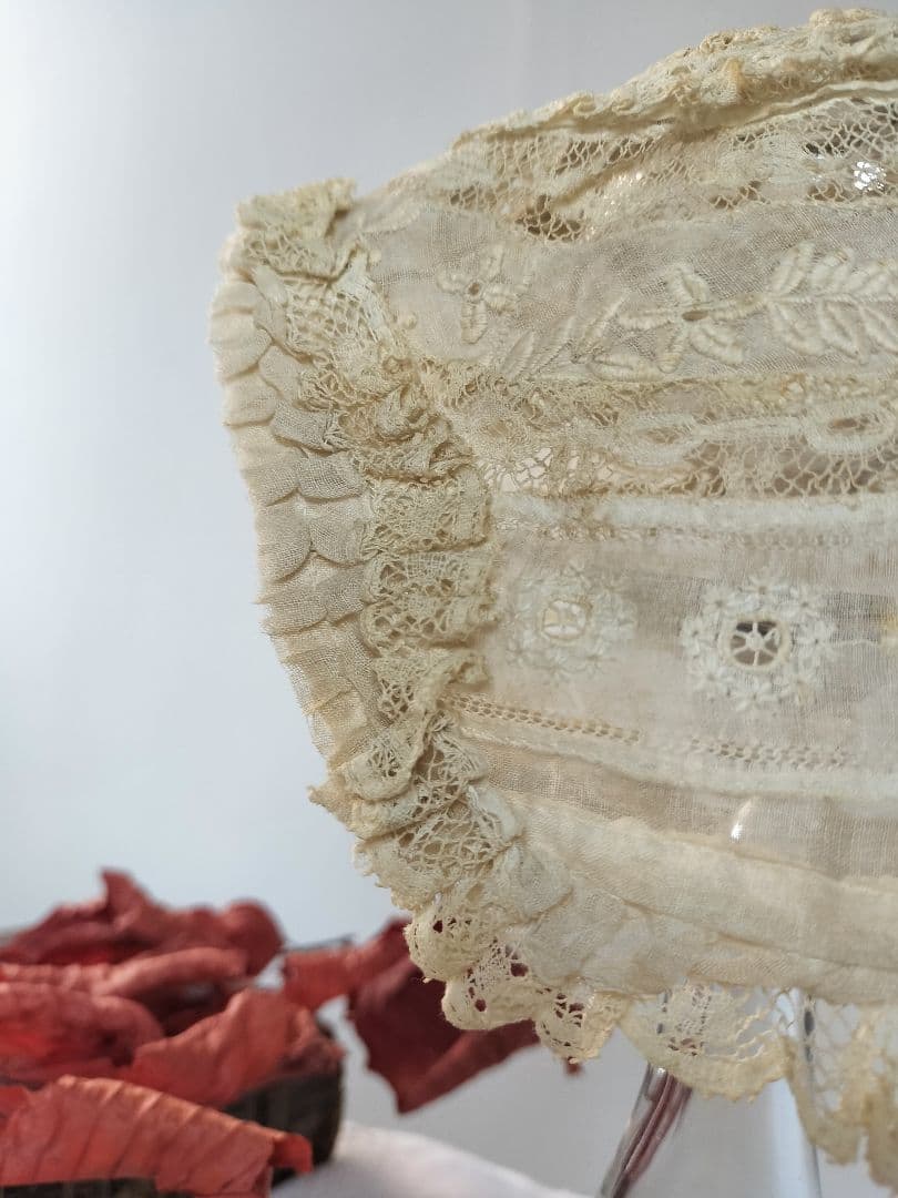 アンティーク　フランス レース　赤ちゃん　手刺繍　ボネ帽子 19世紀　美品　レア