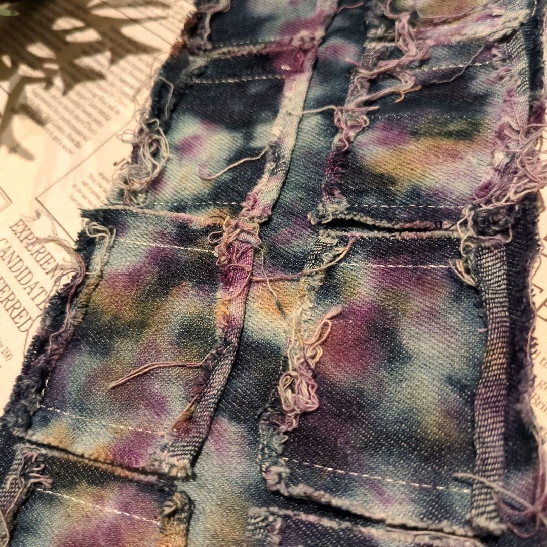 デニムリメイク☆手染め布✨️パープル✕ベージュ