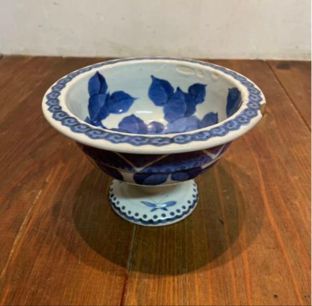 美品　古伊万里　染付の器　江戸時代　肥前　磁器　高杯　金継ぎ　染付の絵柄が上品な