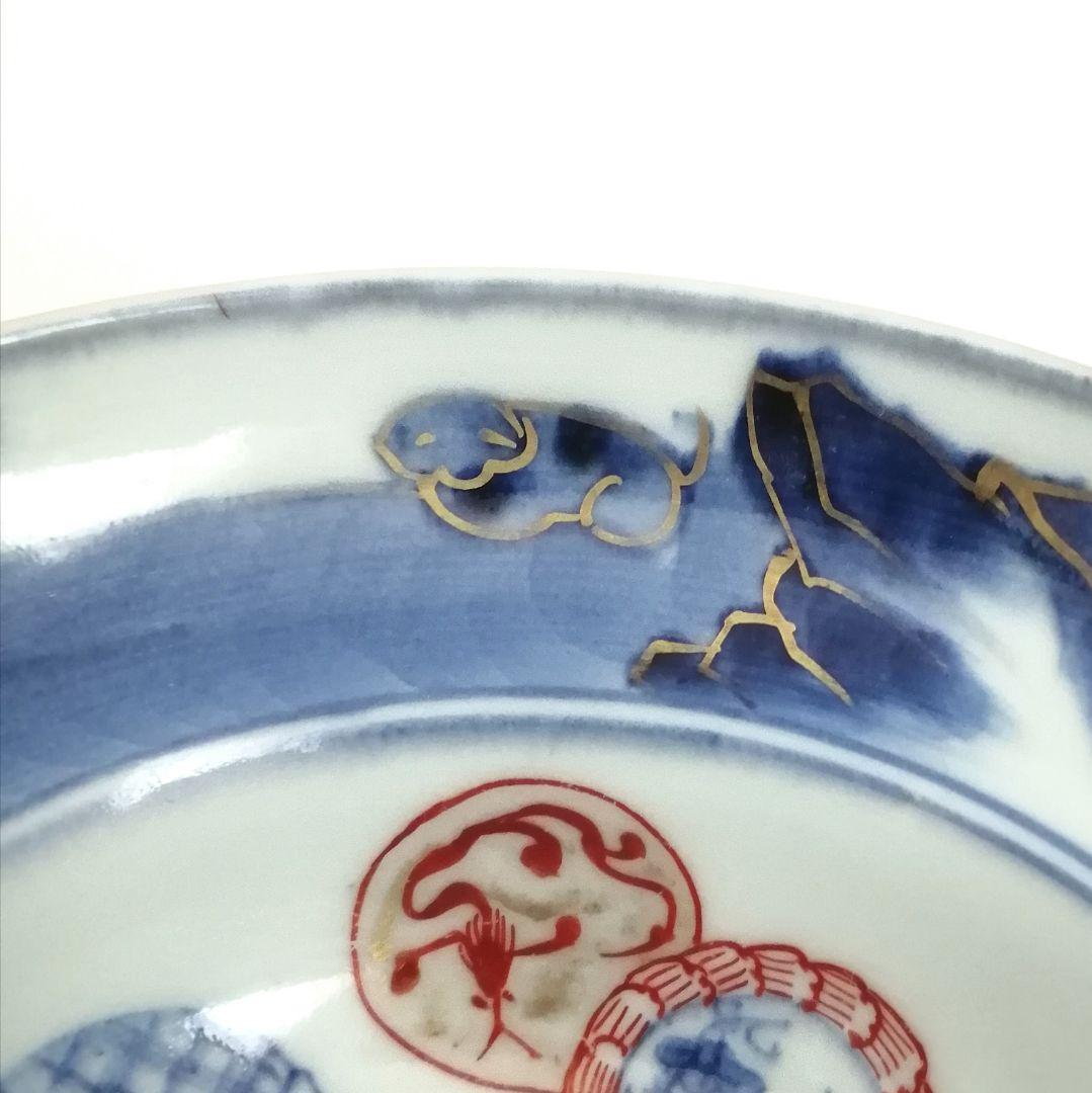 古伊万里　色絵　丸文　子犬と韃靼人図　鍔縁鉢　２客