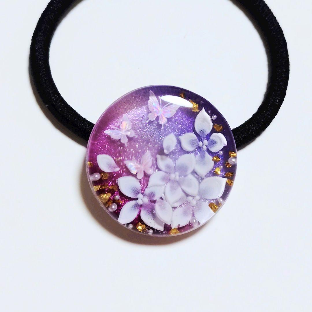 No.406　レジン ヘアゴム キーホルダー ピンバッジ 蝶花柄