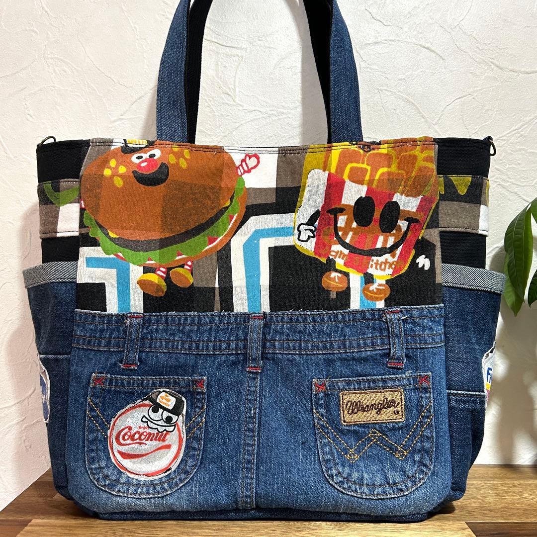 964.短期出品★デニムリメイク　トートバッグ　サイドポケット