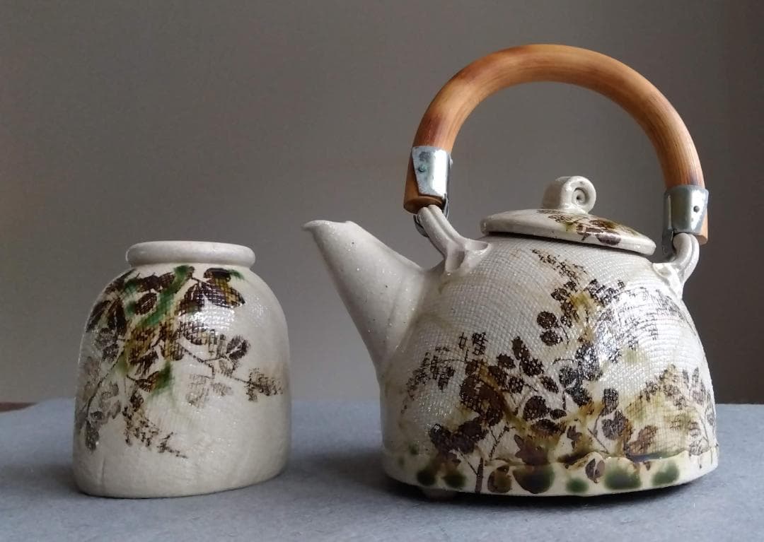 美濃焼の名工陶芸家　山田義孝【希少美品】手書き作品 急須湯呑みセット蓋取っ手付き