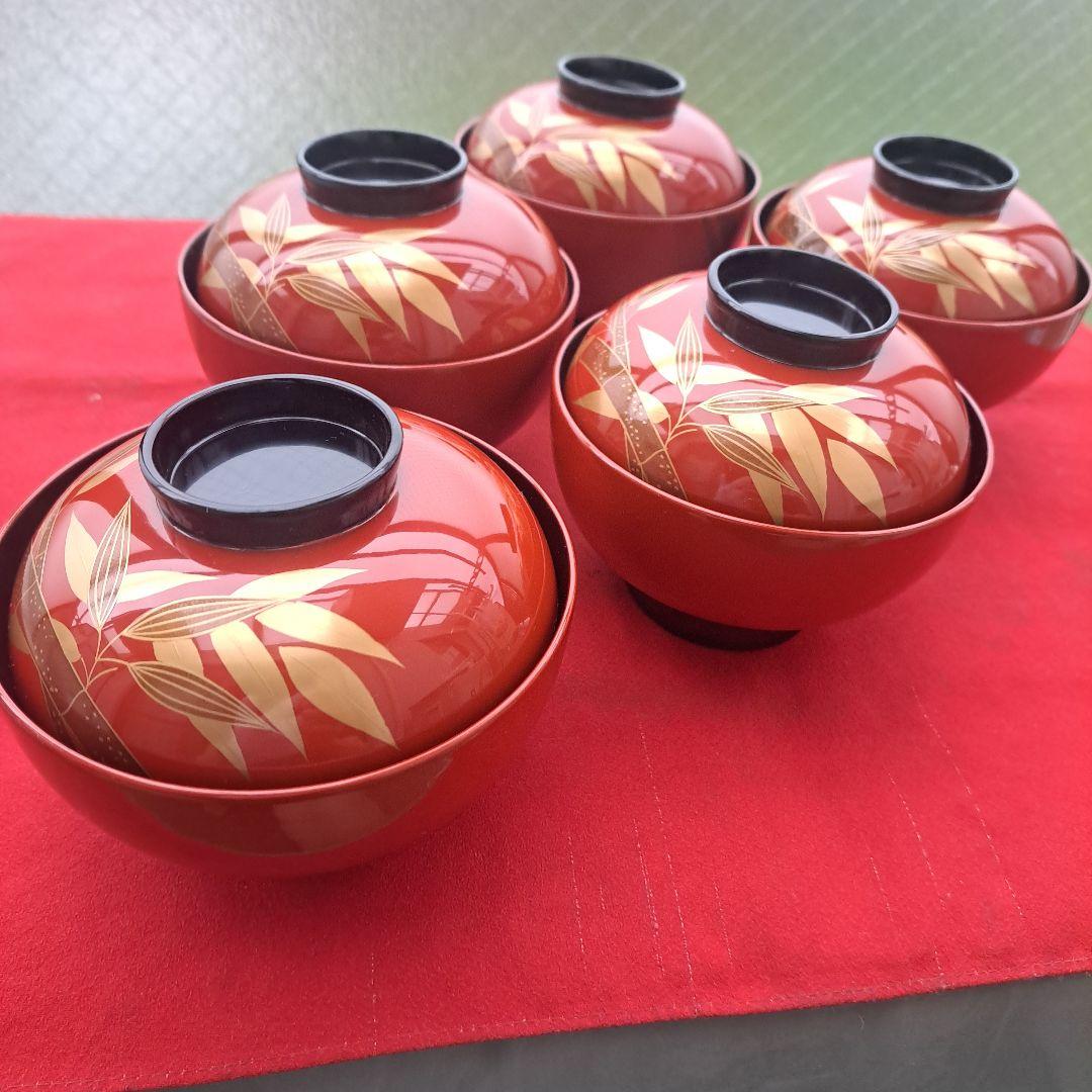 【越前漆器　御吸物椀×5客】天然木製　竹蒔絵　長期保管品