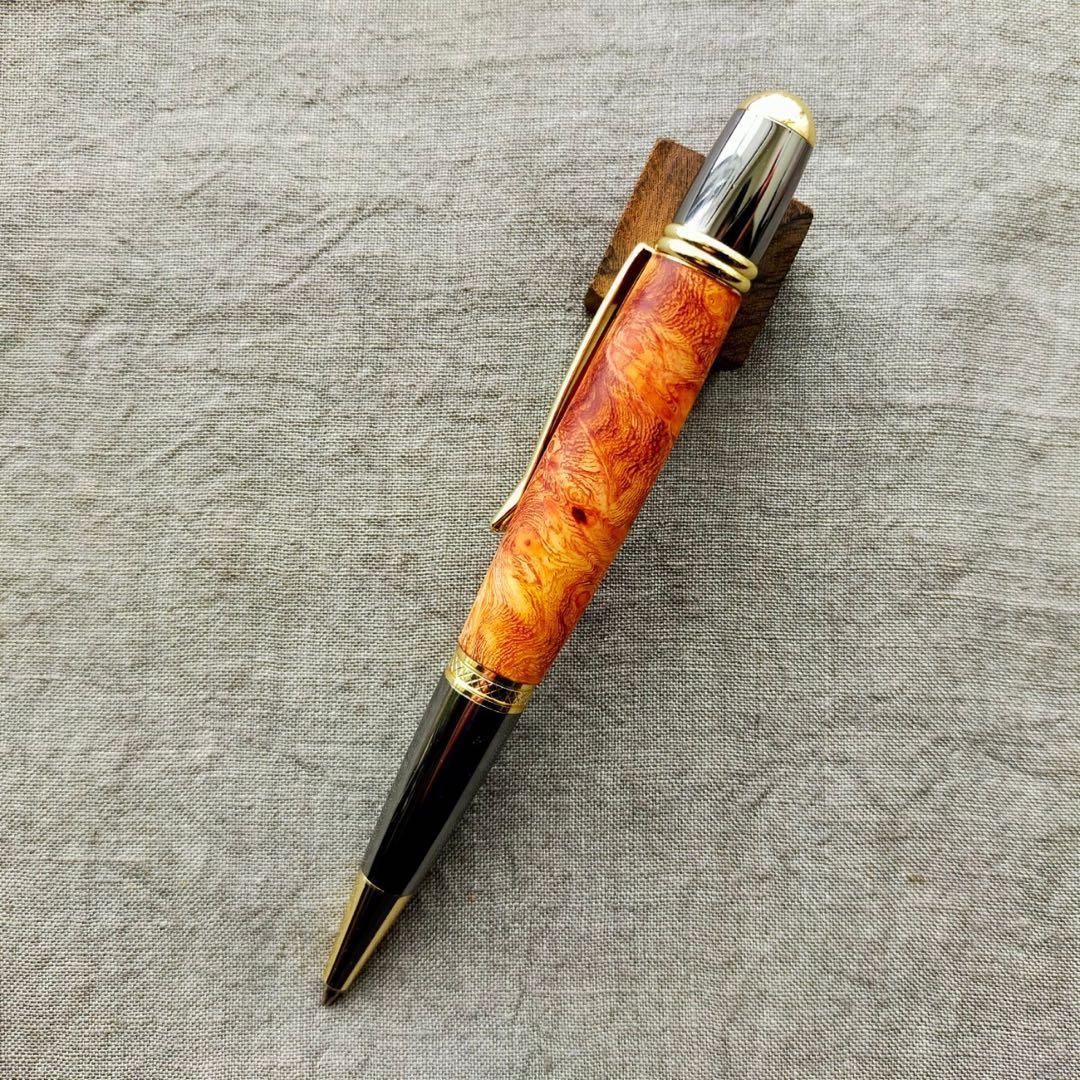 ハンドメイド　花梨　紅白　瘤杢　回転式ボールペン　G2　ゴールド　高級